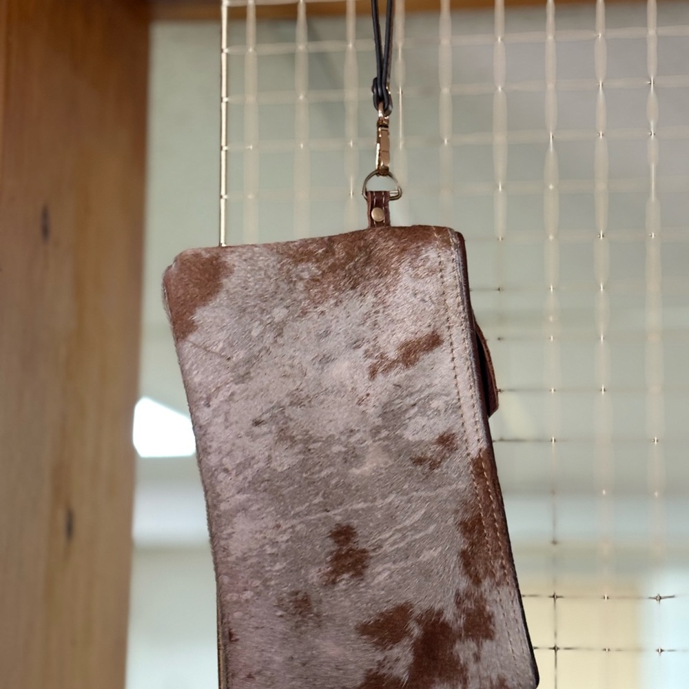 Brown and Cream Cowhide Wristlet